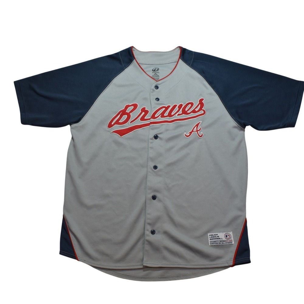 Dynasty Atlanta Braves MLB Baseball Jersey Mens XL Grey Navy Blue Button Front